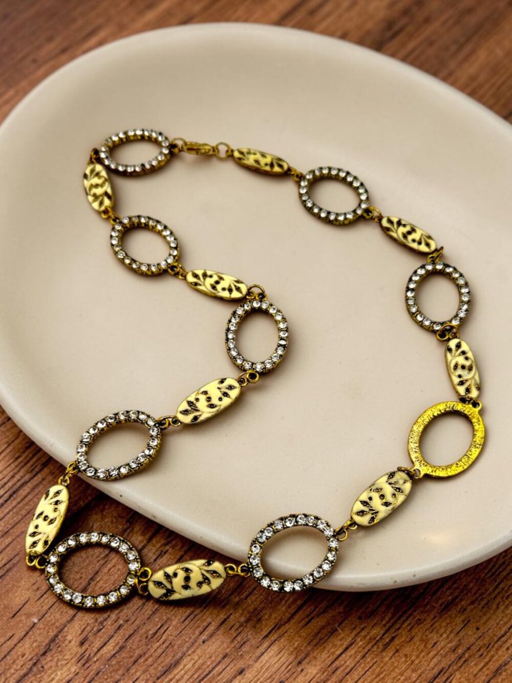 Vintage 90s Gold Tone Link Necklace Enamel & Rhinestone 24”